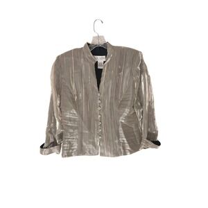 J.R. Nites Silver Metallic Pleated Evening Jacket Event Rhinestone Button 10